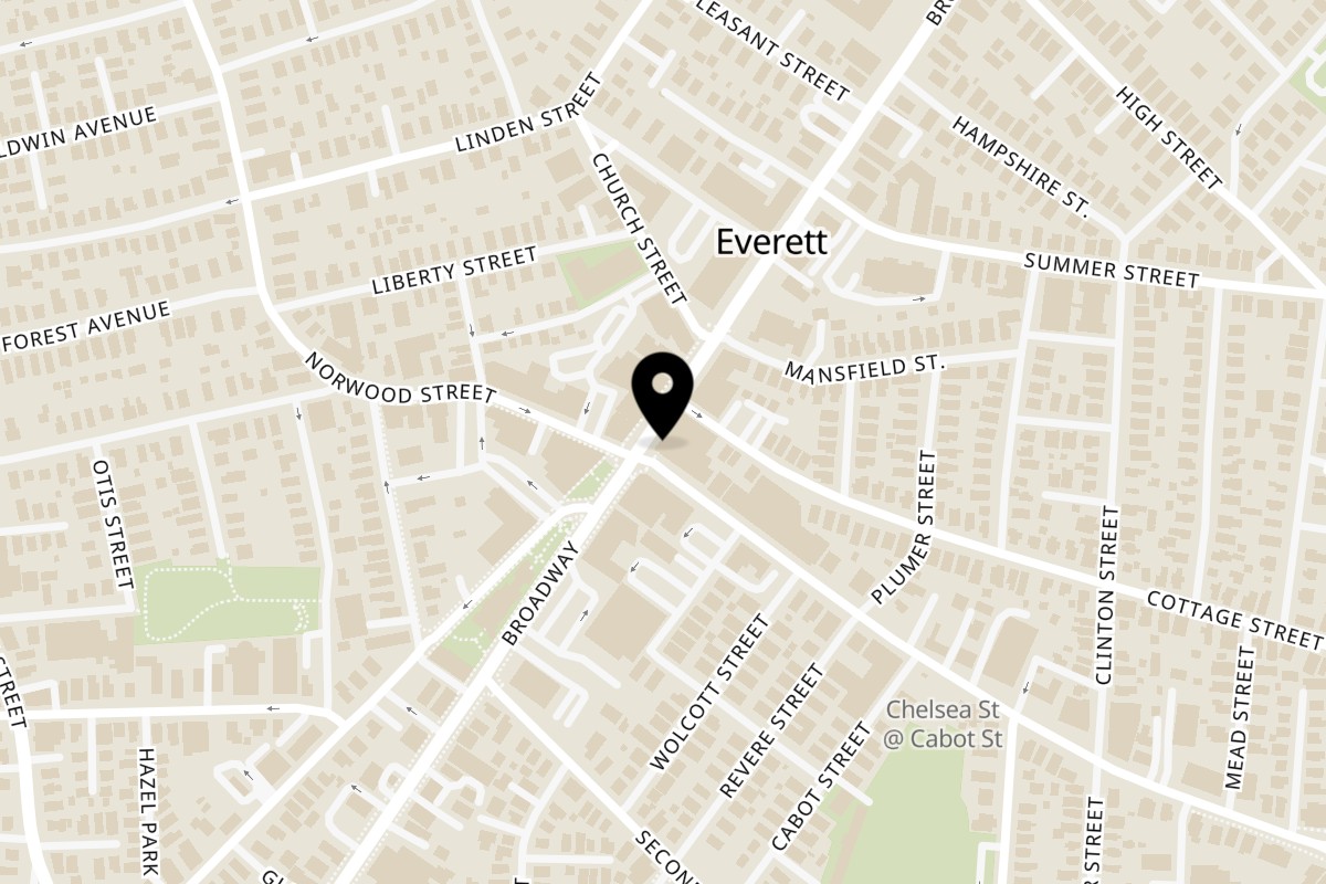 Map showing the location of Chriscillas Restaurant on 447 Broadway in Everett